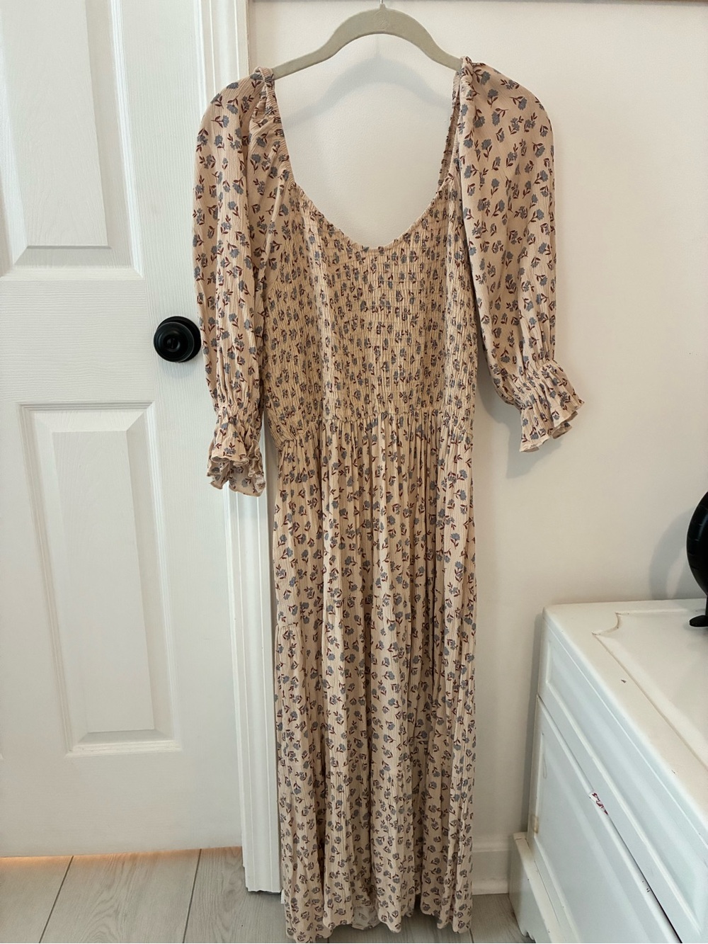 Neuflora Everette Beige Floral Midi Dress with Smocked Bodice